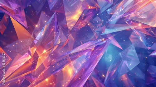 Vibrant abstract crystalline background with vivid purple, blue, and orange geometric shapes creating a dynamic and striking visual effect.