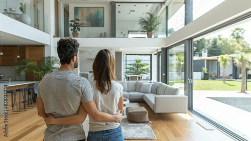 A couple stands inside their modern home with large windows and open space, looking out into their garden on a sunny day.