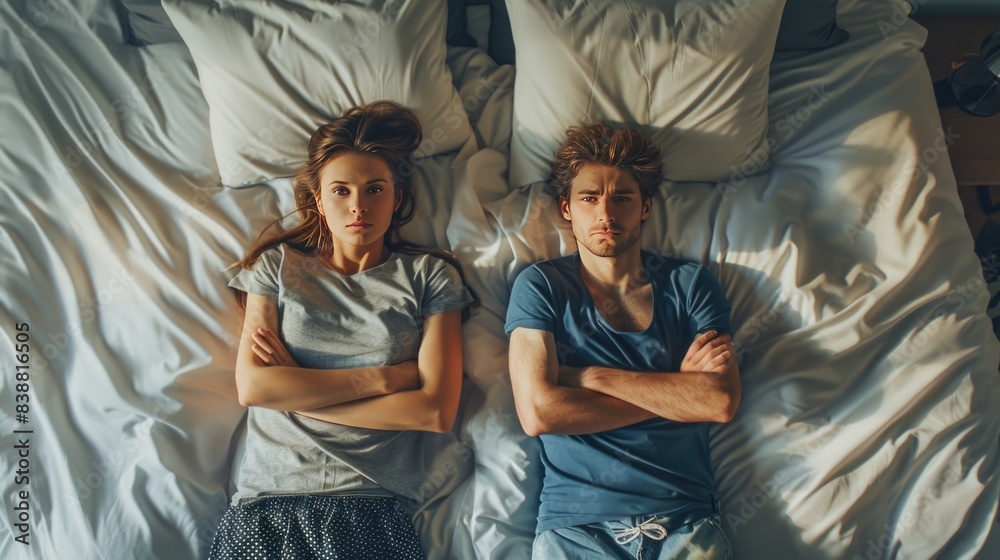 Young beautiful couple lying in bed turned back to back, arms crossed in anger and resentment. Relationship problems. Top view