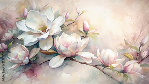 Watercolor background of blooming magnolia flowers