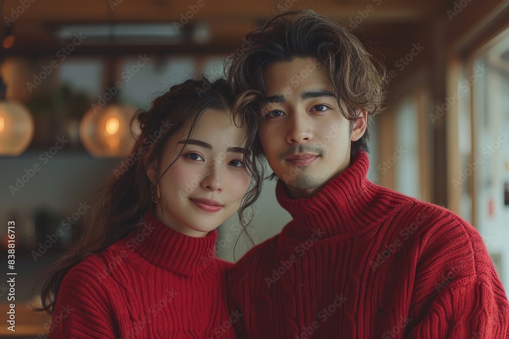 A Lover duo dons vibrant red clothing as they pose for a photograph, their coordinated outfits reflecting the depth of their love and connection.