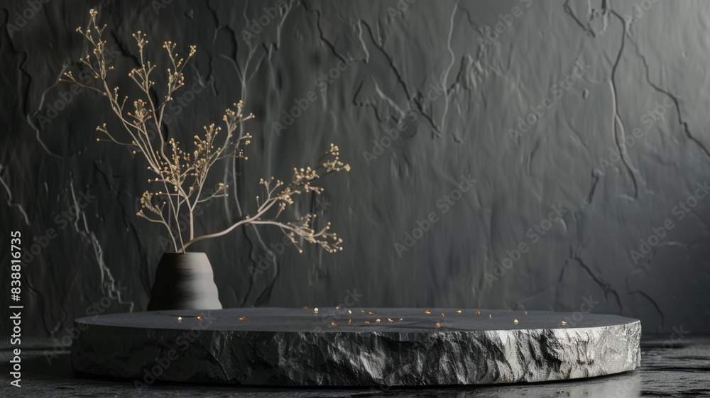 Black stone Podium background. Black Concrete Material place for the product Display Presentation. Kitchen, cosmetics, jewellery podium advertising mockup photography in luxury style.