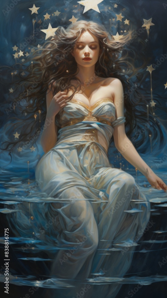 Serene Tarot Art: The Star - Ethereal Woman Pouring Water in Starry Night Sky | Oil Painting in Soft Blues and Silvers Serene Tarot Art: The Star - Ethereal Woman Pouring Water in Starry Night Sky | Oil Painting in Soft Blues and Silvers