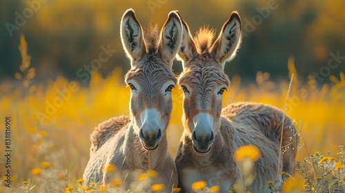  A pair of donkeys nuzzling each other in a peaceful countryside setting photo