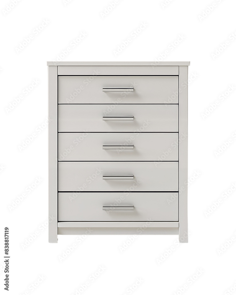 Modern white chest of drawers with five spacious compartments and sleek handles, perfect for bedroom storage and organization. isolated PNG transparent background Modern white chest of drawers with five spacious compartments and sleek handles, perfect for bedroom storage and organization. isolated PNG transparent background