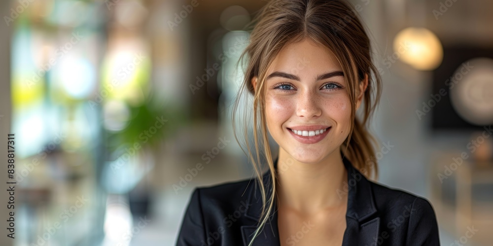 Smiling businesswoman posing in a professional environment Smiling businesswoman posing in a professional environment