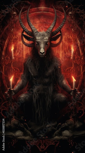 Gothic Tarot Art - Sinister Illustration of The Devil Card with Menacing Goat, Fiery Eyes, and Dark Flames