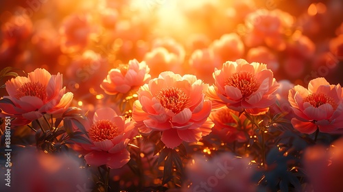  A peony garden at sunset, with the flowers bathed in golden light. © Hassan