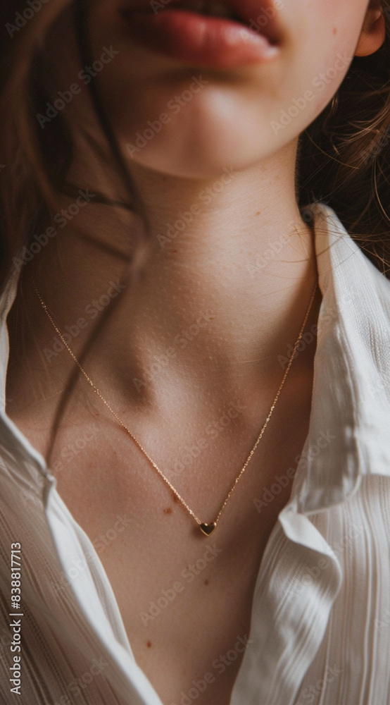 woman with thin gold necklace around her neck with a small heart pendant, only the woman's mouth and chin are in the shot, moody she's wearing a white shirt, brown hair woman with thin gold necklace around her neck with a small heart pendant, only the woman's mouth and chin are in the shot, moody she's wearing a white shirt, brown hair