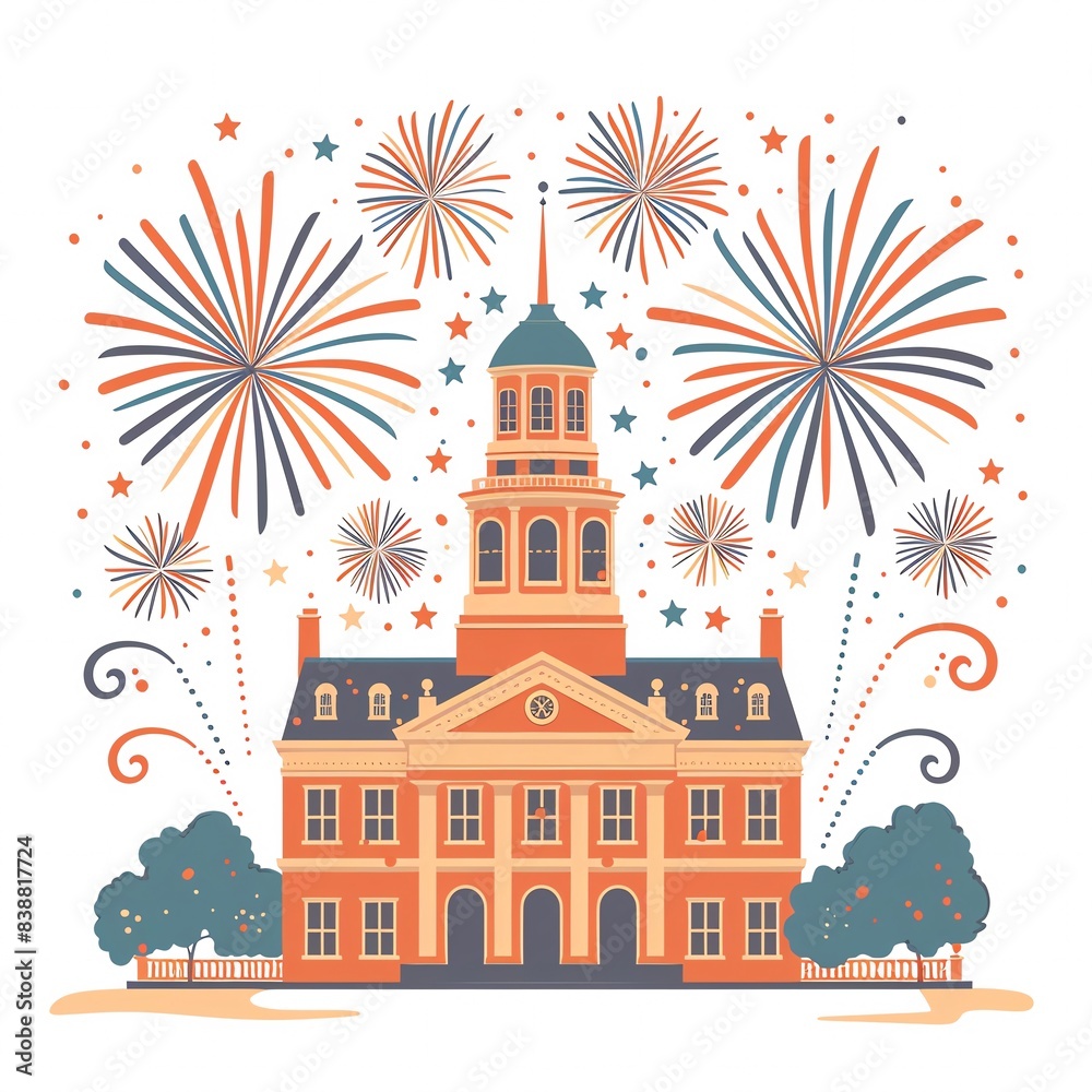 A scene of Independence Hall with fireworks in the background A scene of Independence Hall with fireworks in the background