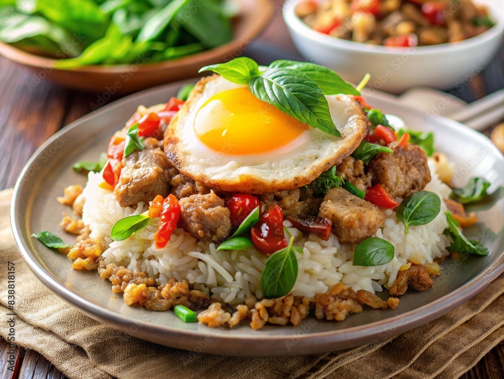Stir-fried minced pork with basil fried egg Stir-fried minced pork with basil fried egg