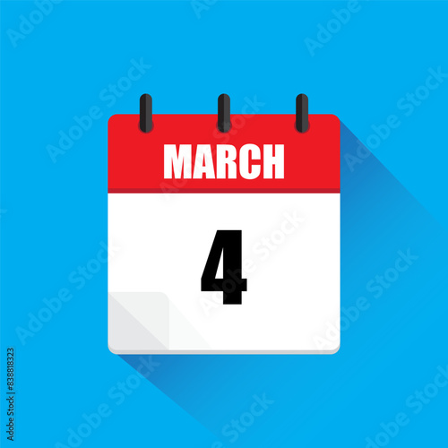 Calendar icon. March 4 date. Red and white. Blue background.