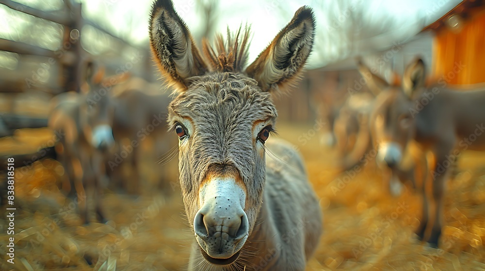  A young donkey curiously looking at the camera in a rustic barnyard