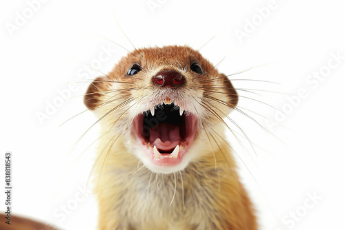 Weasel, on a white background, its full body looking at the camera and laughing out loud with its mouth open wide showing teeth, in the style of a realistic photo. photo