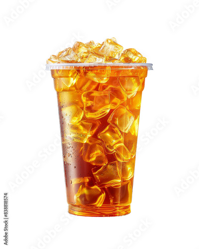 Refreshing iced tea in a clear plastic cup filled with ice cubes, isolated on a white background. Perfect for a hot summer day. isolated PNG transparent background photo