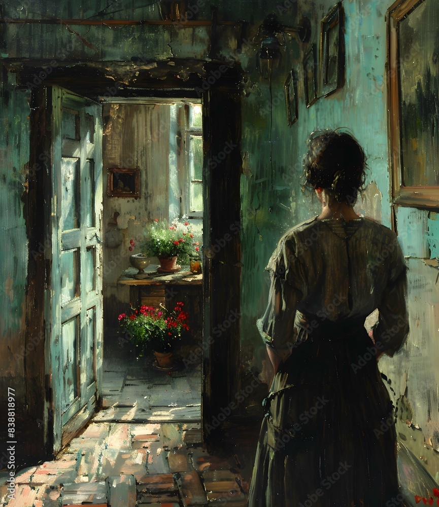 A woman standing in a doorway looking at flowers in the next room A woman standing in a doorway looking at flowers in the next room
