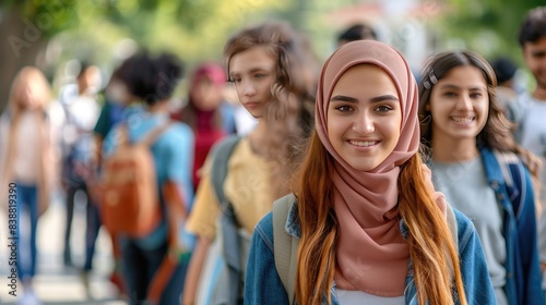 Youngs and beautiful. Group of confident students are walking in the college, chatting and smiling