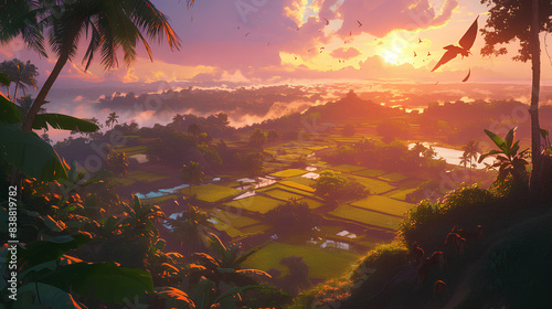 The village from the top of the hils. coconut trees meet a bright sunset.
