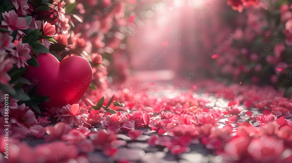 A red heart in a park with cherry blossoms A red heart in a park with cherry blossoms