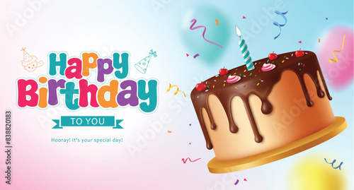 Happy birthday greeting vector design. Birthday greeting text with chocolate cake dessert with confetti decoration elements for invitation card background. Vector illustration birthday card design.
