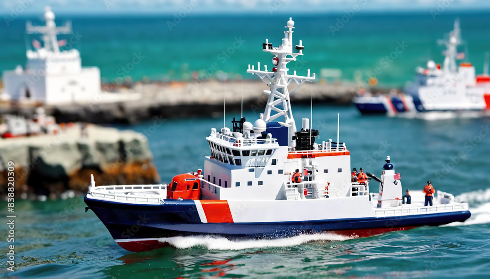 Naklejka premium A Coast Guard boat cleaves the waves of the sea. Sunny weather. U.S. Coast Guard Day 