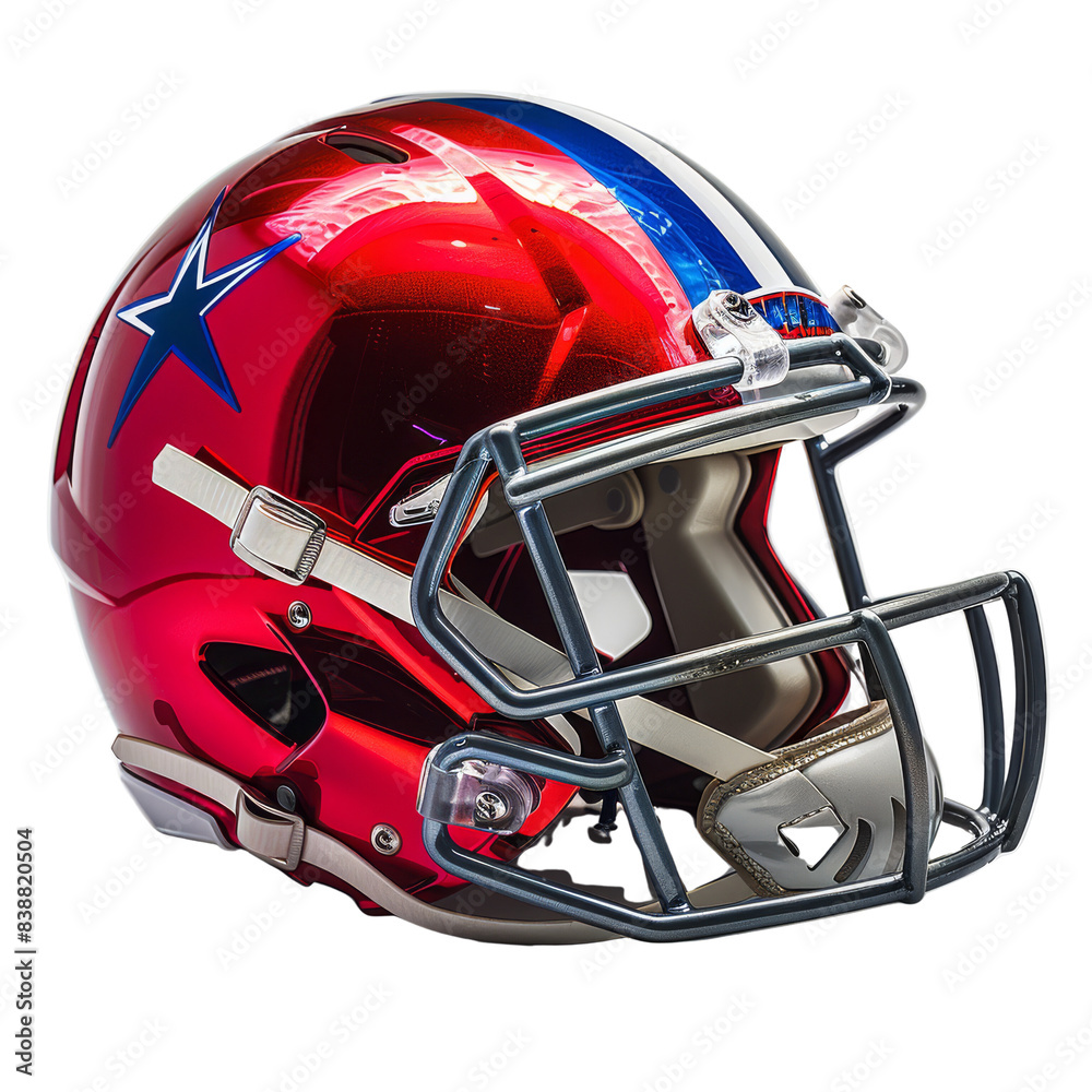 Vibrant red American football helmet with a star design, side view, isolated on white background, showcasing modern sports gear. isolated PNG transparent background Vibrant red American football helmet with a star design, side view, isolated on white background, showcasing modern sports gear. isolated PNG transparent background