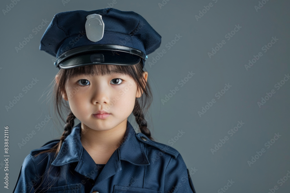 Young Asian girl dressed as a police officer with braids and serious expression