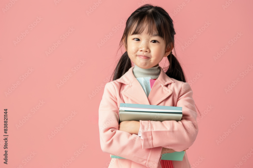 Young Asian girl dressed as a teacher holding books against a pink background