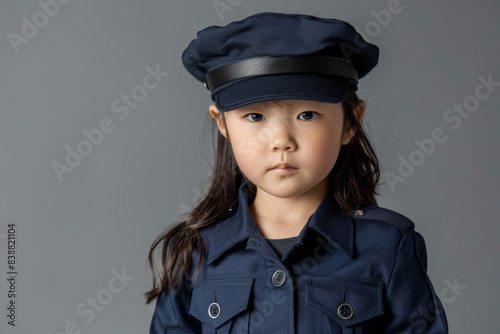 Young Asian girl dressed as a police officer in uniform looking serious © gankevstock