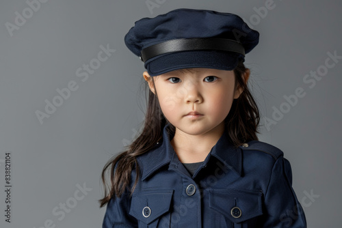 Young Asian girl dressed as a police officer in uniform looking serious photo