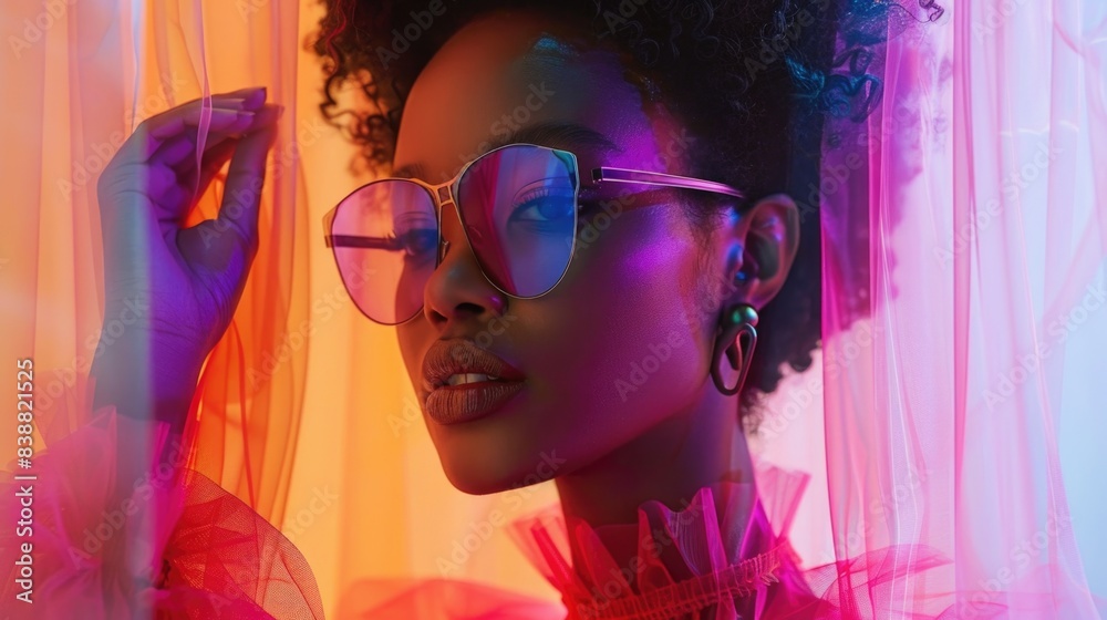 Contemporary Portrait of Stylish Woman with Vibrant Neon Lighting Contemporary Portrait of Stylish Woman with Vibrant Neon Lighting