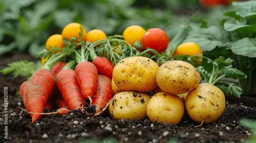 Fall gathering of newly grown crops. Cluster of natural red beet  squash  and orange root freshly gathered spud on ground in backyard.