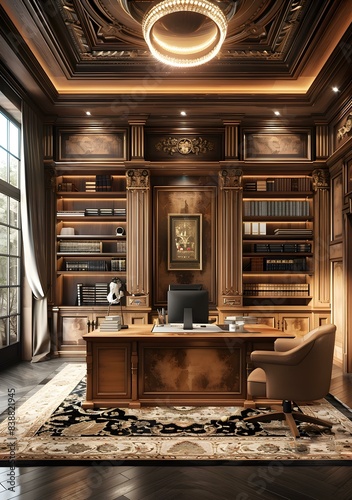 Luxurious wooden home office with large windows