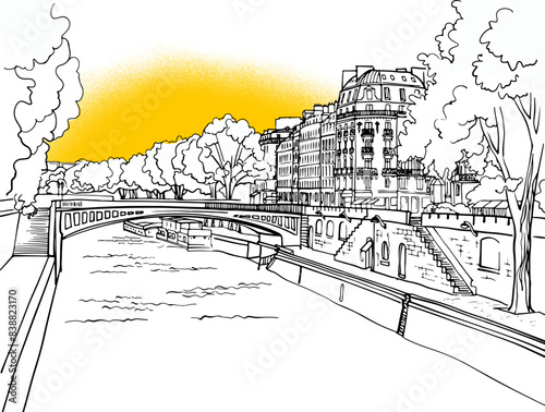 Romantic view of old Paris bridge and river Seine. Paris, France. Hand drawn sketch. Line art. Ink drawing. Black and white vector background on white. For illustration and romantic Postcards
