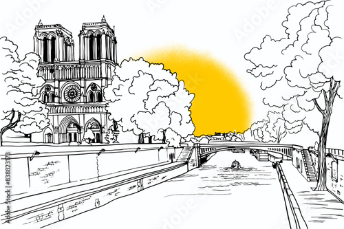 Romantic view of old Paris bridge and river Seine. Paris, France. Hand drawn sketch. Line art. Ink drawing. Black and white vector background on white. For illustration and romantic Postcards