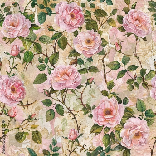 Seamless Pattern of Vintage Pink Roses for Junk Journal Paper: Victorian Watercolor Style with Romantic Scenes, Golden Lines, and Ornate Details