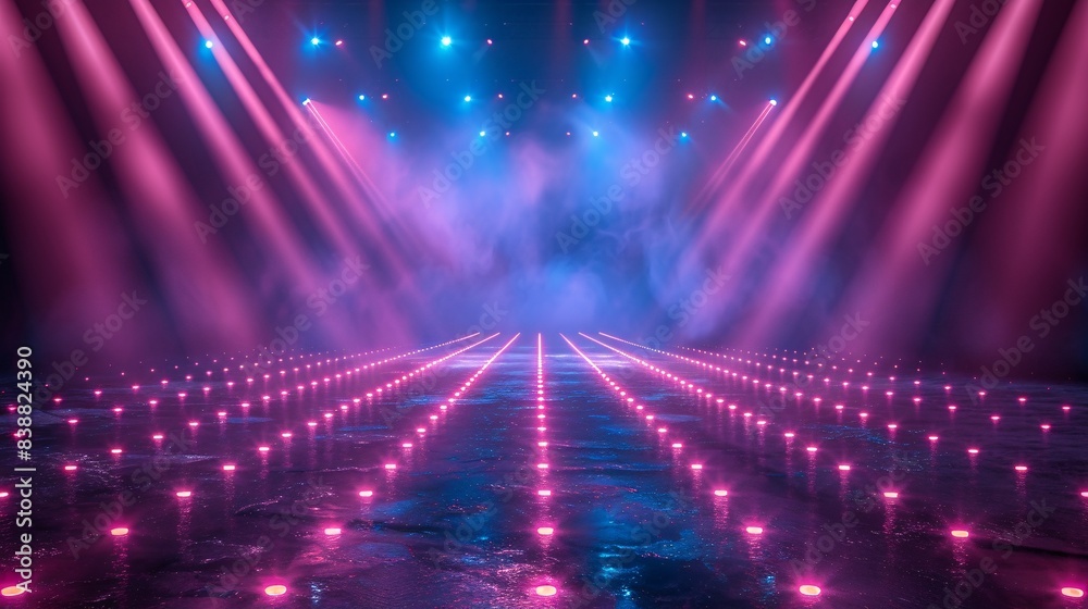 A vibrant display of laser lights, LED beams, and DJ lighting, creating an illuminated stage and backdrop for showcasing products.