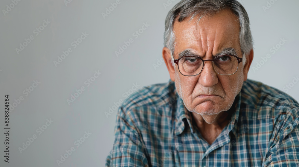 Portrait of an unhappy retired old man , grey color background banner with copy space Portrait of an unhappy retired old man , grey color background banner with copy space