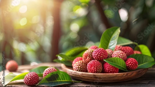 Freshly picked lychee fruit with a green leaf on a wooden plate, grown in a tropical location and ready to eat in the summer. photo