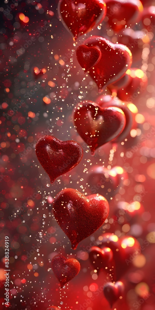 Red heart-shaped balloons with water drops on red gradient background