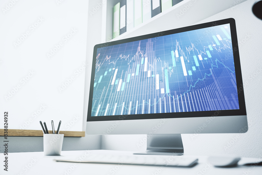 Modern computer display with abstract financial graph, financial and trading concept. 3D Rendering Modern computer display with abstract financial graph, financial and trading concept. 3D Rendering