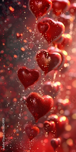Red heart-shaped balloons with water drops on red gradient background