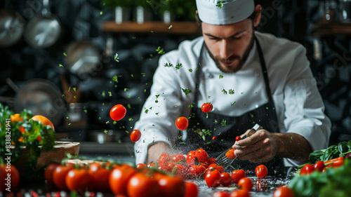 A chef in a white uniform is expertly tossing cherry tomatoes with a fork while other tomatoes and herbs are suspended in mid-air. photo