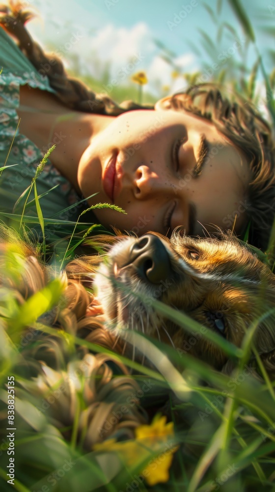 Obraz premium A woman laying in the grass with her dog