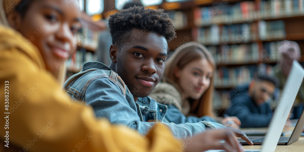 Diverse Group of Students Collaborating on a Project in a Modern Library