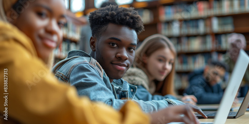 Diverse Group of Students Collaborating on a Project in a Modern Library