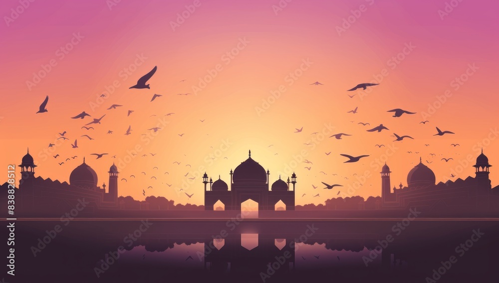 Fototapeta premium illustration of a silhouette of an Indian palace with birds flying against a sunset background
