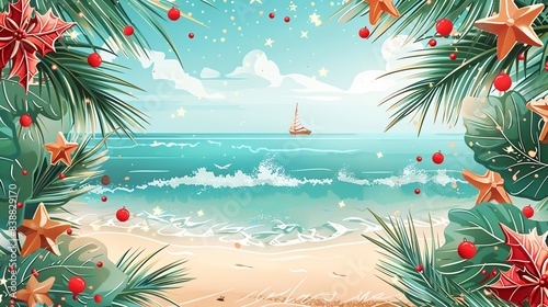 Christmas in July sale announcement template with holiday decorations on a beach background.