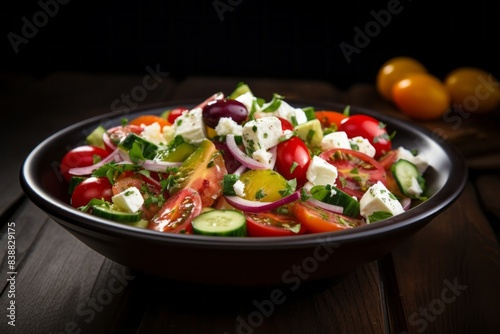Colorful salad with lettuce tomatoes cucumbers carrots and cheese with a bottle of dressing