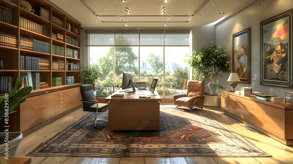 Fototapeta premium Modern office interior with large windows and a city view
